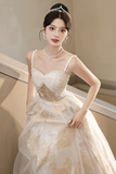 Champagne Spaghetti Strap Tulle Formal Dress, A Line Sweetheart Neck Evening Party Dress PFP2493