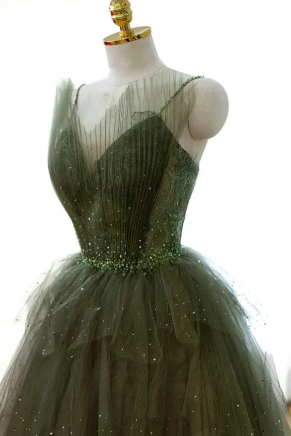 Green Tulle Layers Beaded Long Party Dress, A Line Green Evening Dress   Promfast