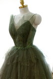 Green Tulle Layers Beaded Long Party Dress, A Line Green Evening Dress Prom Dress PFP2495