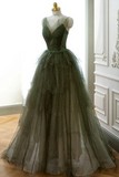 Green Tulle Layers Beaded Long Party Dress, A Line Green Evening Dress Prom Dress PFP2495