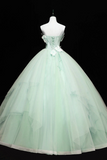 Green Tulle Lace Applique Long Prom Dresses, Green Sweet 16 Dresses PFP2496