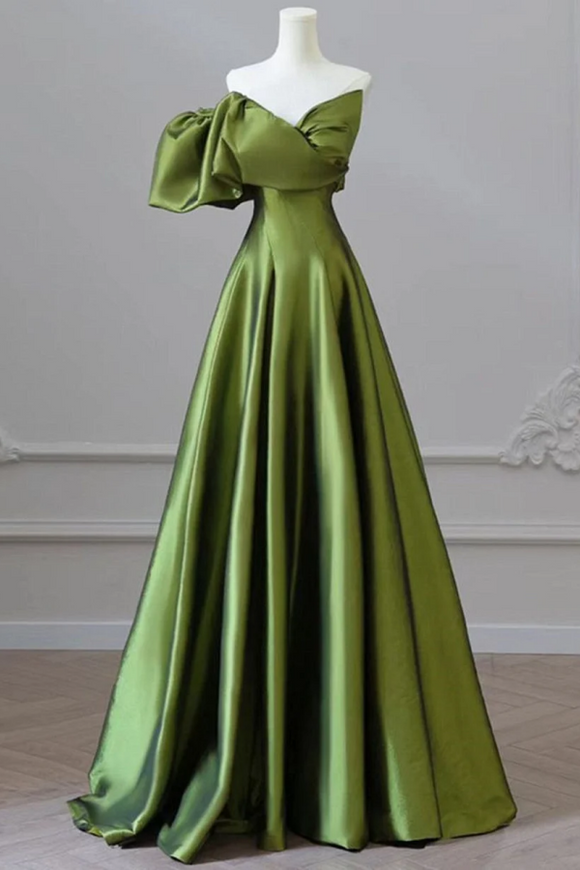 One Shoulder Green Satin Long Party Dress, Off Shoulder Prom Dress PFP2497