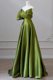 One Shoulder Green Satin Long Party Dress, Off Shoulder Prom Dress PFP2497
