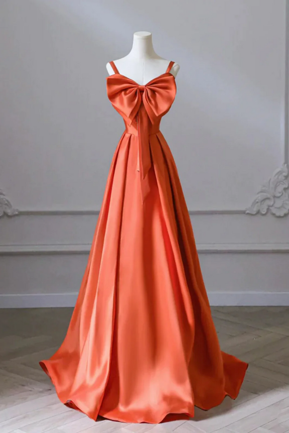 Orange Long Satin Prom Dresses with Bow, Oranage Long Satin Formal Evening Dresses PFP2498
