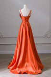 Orange Long Satin Prom Dresses with Bow, Oranage Long Satin Formal Evening Dresses PFP2498