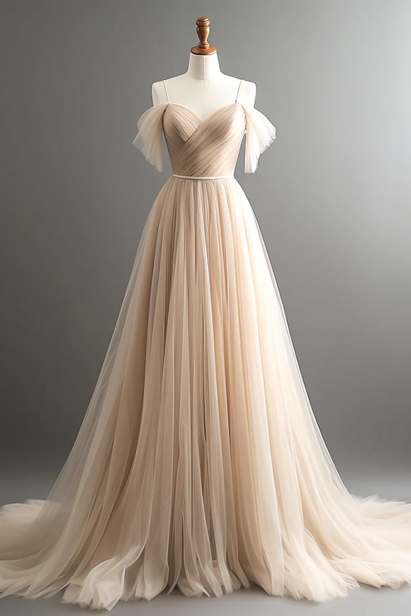 A Line Off Shoulder Champagne Tulle Long Prom Dress, Champagne Long Evening Dress PFP2499