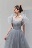Gray Tulle Floor Length A Line Prom Dress, Lovely Puff Sleeve Evening Party Dress PFP2500