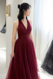 Burgundy Tulle Long A Line Prom Dress, V Neck Backless Evening Party Dress PFP2501
