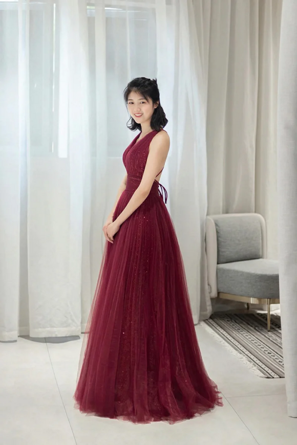 Burgundy Tulle Long A Line Prom Dress, V Neck Backless Evening Party D Promfast Burgundy Tulle Long A Line Prom Dress, V Neck Backless Evening Party D Promfast