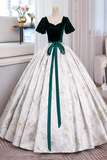 Green Velvet Floor Length Printing Prom Dresses, A Line Short Sleeve Evening Formal Dresses PFP2502