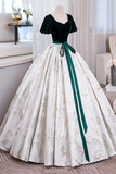 Green Velvet Floor Length Printing Prom Dresses, A Line Short Sleeve Evening Formal Dresses PFP2502