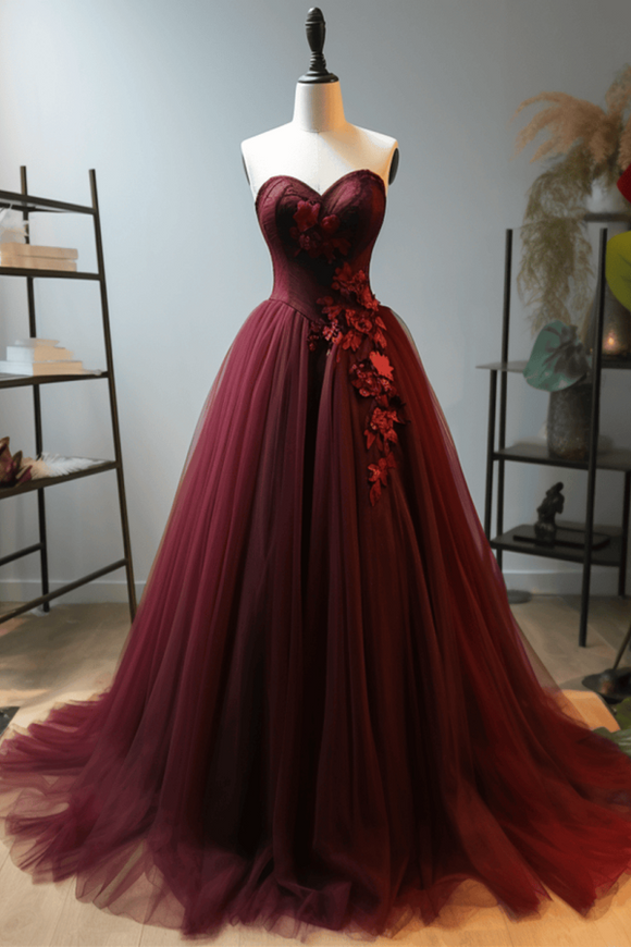 Wine Red Tulle Sweetheart Long Formal Dres, Wine Red Evening Dress PFP2503