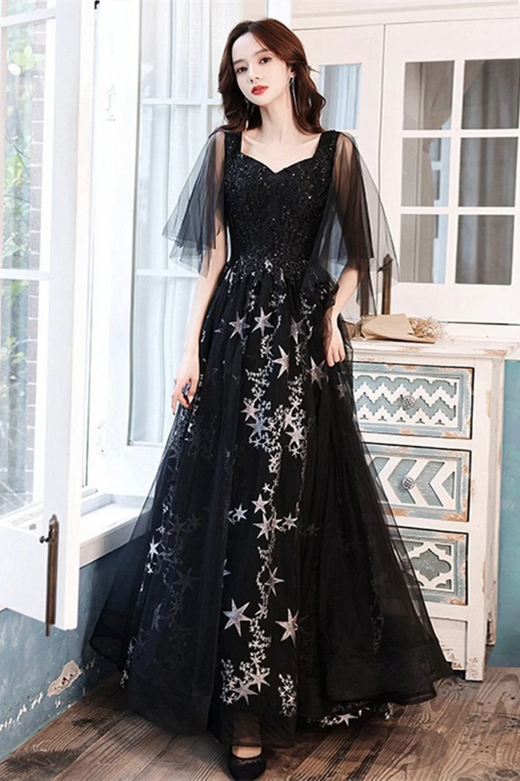 Black Beaded Straps A Line Floor Length Party Dress, Black Tulle Long Prom Dress PFP2505