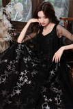 Black Beaded Straps A Line Floor Length Party Dress, Black Tulle Long Prom Dress PFP2505