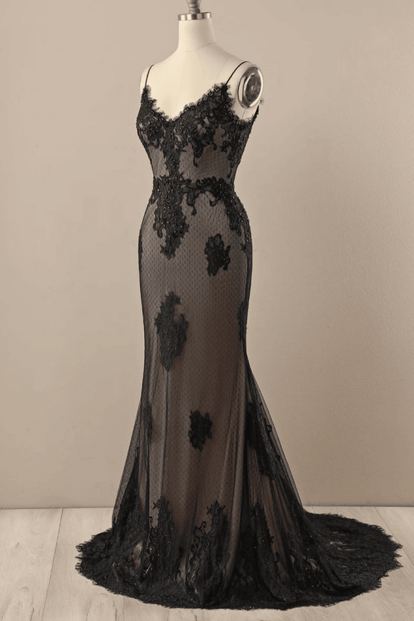 Black V neck Beaded Lace Evening dress, Lace Mermaid Prom Dress PFP2506