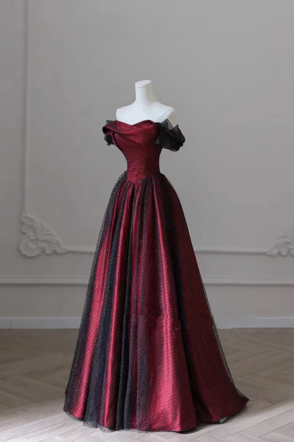 Black and Red Off Shoulder Satin Long Prom Dress, Off the Shoulder Party Dress PFP2507
