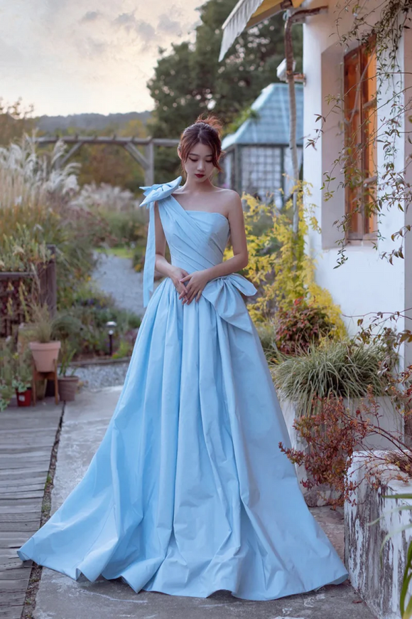 Blue Satin One Shoulder Floor Length Prom Dress, Lovely A Line Evening Party Dress PFP2508