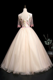 Champagne V Neck Lace Long Prom Dress, A Line 1/2 Sleeves Evening Party Dress PFP2509