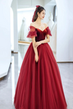 Elegant Tulle and Velvet Long Prom Dress, Off the Shoulder A Line Evening Party Dress PFP2511