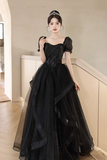 Black Tulle Lace Short Sleeve Floor Length Prom Dress, Black A Line Evening Party Dress PFP2513