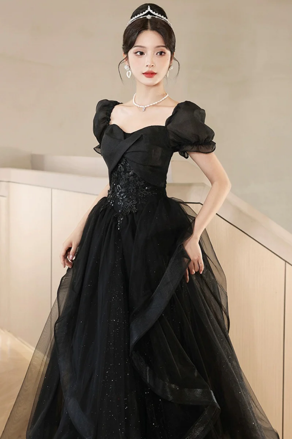 Black Tulle Lace Short Sleeve Floor Length Prom Dress, Black A