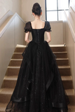 Black Tulle Lace Short Sleeve Floor Length Prom Dress, Black A Line Evening Party Dress PFP2513