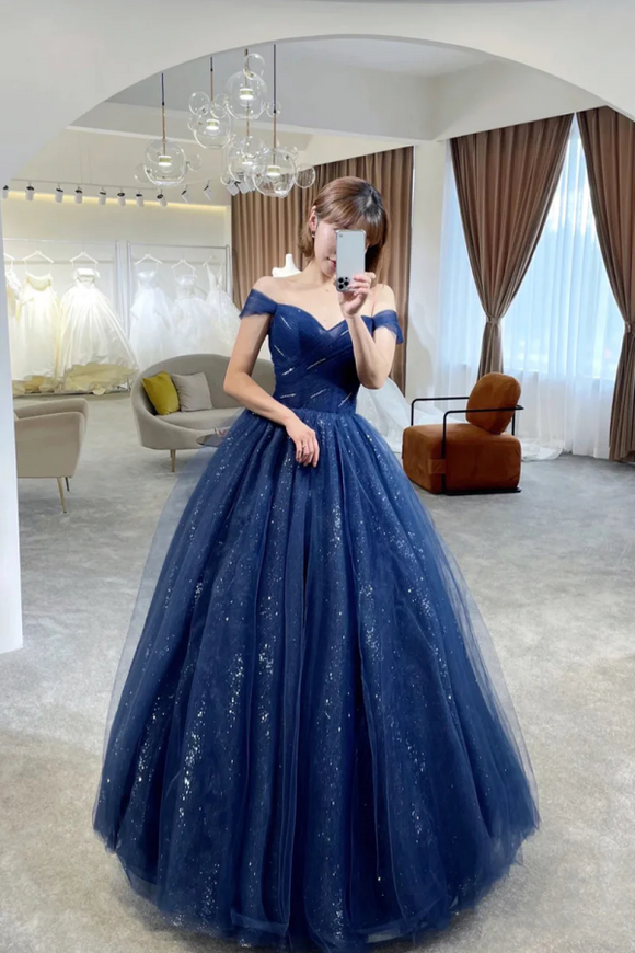 Blue Tulle Long Prom Dress, Off the Shoulder Evening Party Dress PFP2514