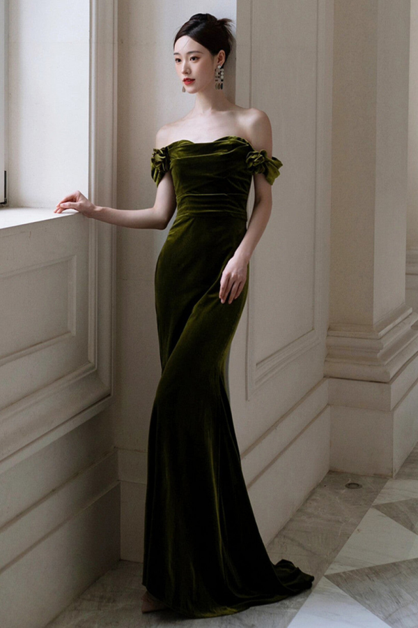 Green Mermaid Sweetheart Off Shoulder Formal Dress, Green Velvet Prom –  Promfast