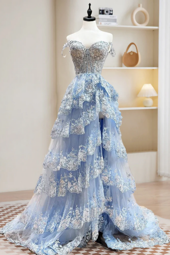 A Line Tulle Sequin Blue Long Prom Dress, Blue Sequin Long Formal Dress PFP2516