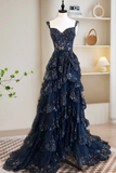 A Line Tulle Sequin Blue Long Prom Dress, Blue Sequin Long Formal Dress PFP2516
