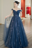 Blue Shiny Tulle Floor Length Prom Dress, Off the Shoulder A Line Evening Party Dress PFP2517