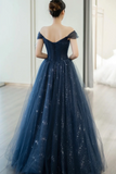 Blue Shiny Tulle Floor Length Prom Dress, Off the Shoulder A Line Evening Party Dress PFP2517