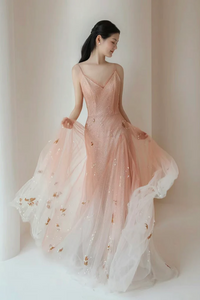A Line V Neck Tulle Pink Long Prom Dress, Pink Tulle Long Evening Dress PFP2518