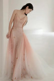 A Line V Neck Tulle Pink Long Prom Dress, Pink Tulle Long Evening Dress PFP2518