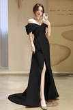 Simple Off Shoulder Satin Mermaid Black Long Prom Dress, Black Long Formal Dress PFP2519