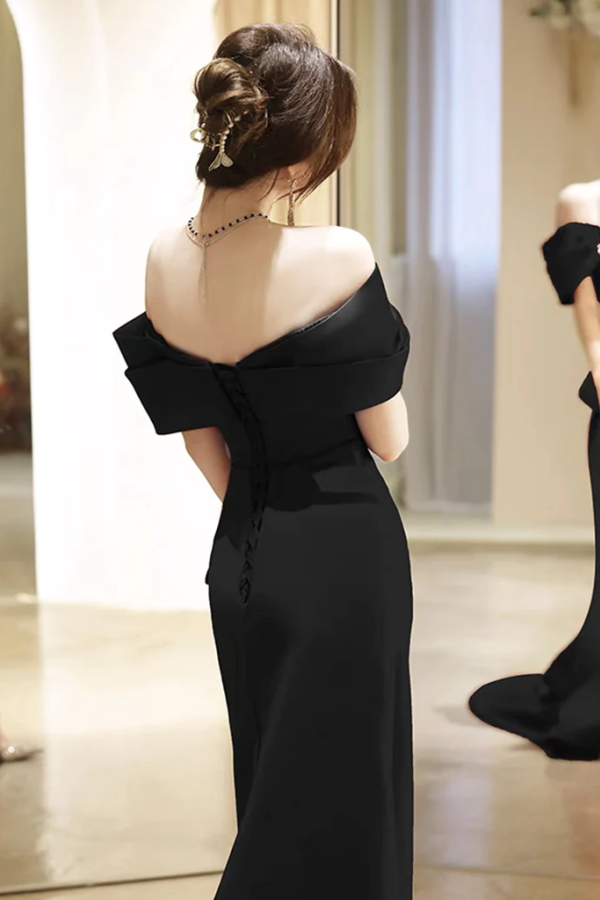 Simple Off Shoulder Satin Mermaid Black Long Prom Dress, Black Long Fo –  Promfast