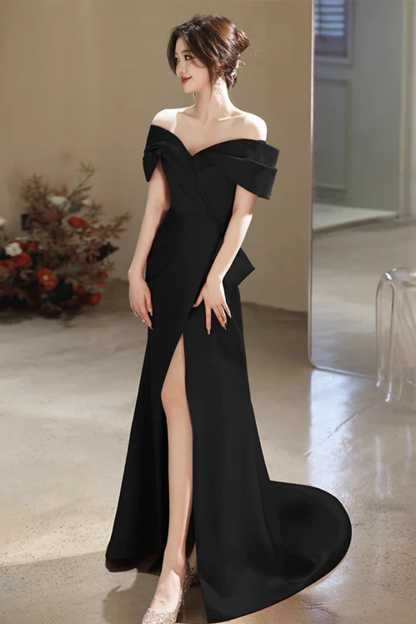 green emerald velvet dress Ladivine CD875 Size 22 Black Long Fitted Satin Maxi Slit Prom Dress Off The Shoulder Corset Formal Gown main image 1