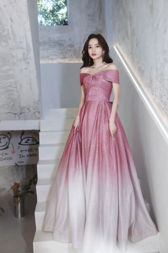 Beautiful Gradient Floor Length A Line Prom Dress, Off the Shoulder Evening Party Dress PFP2520