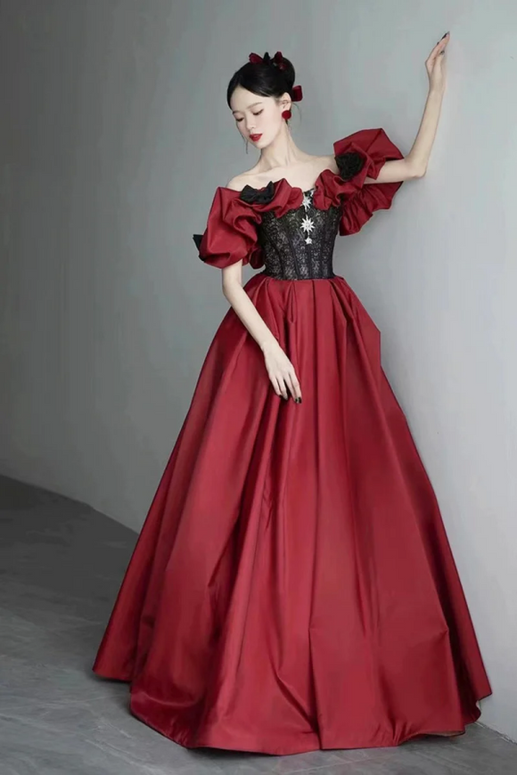 Burgundy Satin and Black Lace Floor Length Prom Dress, Off the Shoulder Evening Party Dress PFP2521