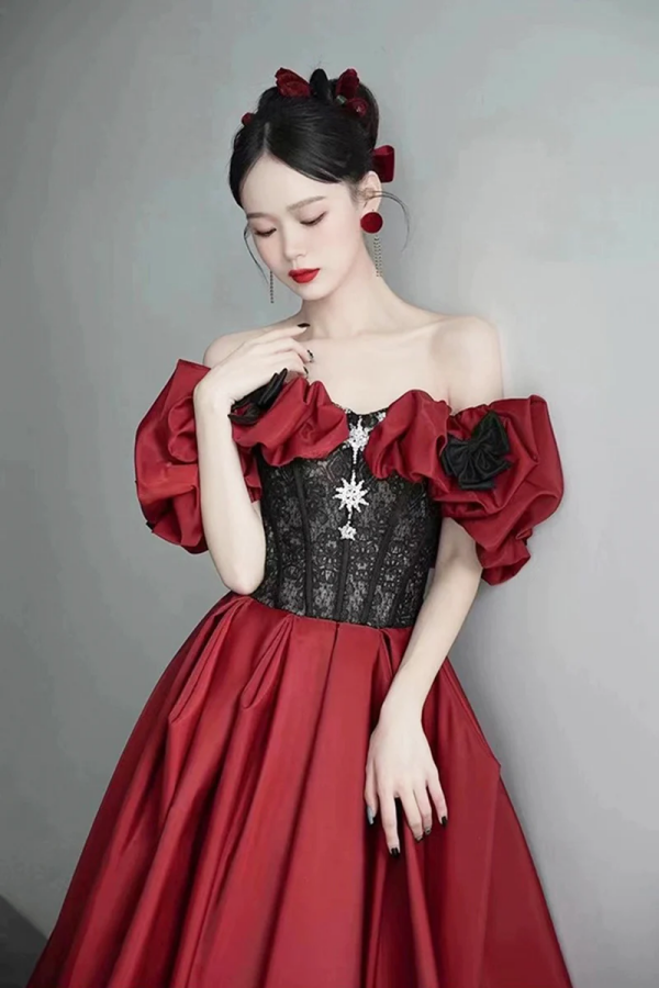 chinese dress ladies Burgundy Satin and Black Lace Floor Length Prom Dress, Off the Shoulde –  Promfast