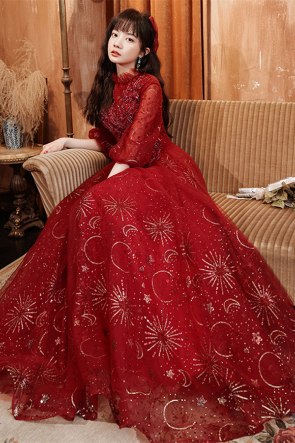 chinese dress ladies Wine Red Tulle Puffy Sleeves Long Party Dress, Wine Red Long Prom Dres –  Promfast