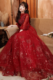 Wine Red Tulle Puffy Sleeves Long Party Dress, Wine Red Long Prom Dress PFP2522