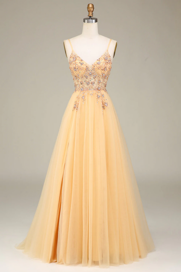Charming Golden A Line Spaghetti Straps Long Prom Dress With Beading PFP2523
