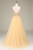 Charming Golden A Line Spaghetti Straps Long Prom Dress With Beading PFP2523