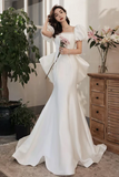 Simple Puff Sleeves Satin Mermaid White Long Prom Dress, White Long Formal Dress PFP2524