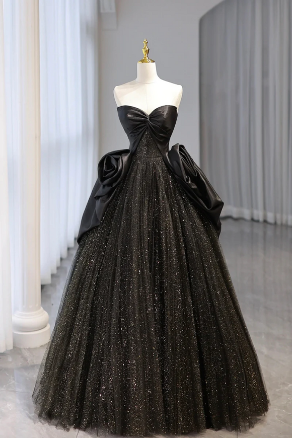 Black Strapless Satin and Tulle Long Prom Dress, Beautiful A Line Evening Party Dress PFP2525