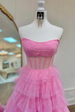 Pink Strapless Tulle Sparkle Floor Length Prom Dress, Beautiful A Line Evening Party Dress PFP2526