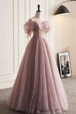 Pink Tulle Sequins Floor Length Prom Dress, Beautiful Off the Shoulder Evening Party Dress PFP2527