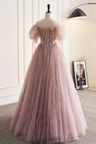 Pink Tulle Sequins Floor Length Prom Dress, Beautiful Off the Shoulder Evening Party Dress PFP2527