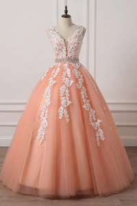 Charming Coral Princess V-Neck Lace Applique Beaded Prom Dress Ball Gown Sweet 16 Dresses PFP2529